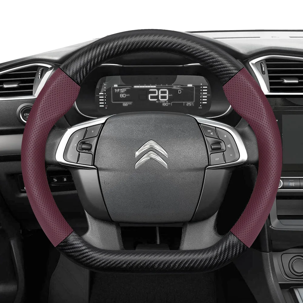 Geeignet für Citroen Atmungsaktive Leder-Matte Carbonfaser-Textur Lenkradbezug C3 C4 X Berlingo C5 Aircross Jumper Spacetourer Ami X Schwarz Rot Mokka Orange Auto-Zubehör Schutzbezug