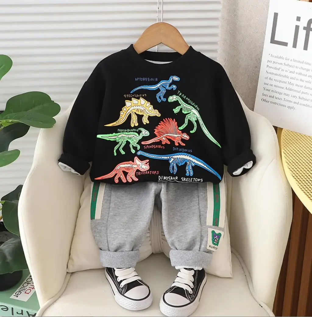 

Korean Style Boys Outfits Sets Spring Autumn Baby Clothes Cartoon Print Dinosaur Long Sleeve Hoodies+Pants Kids Jogging Suit