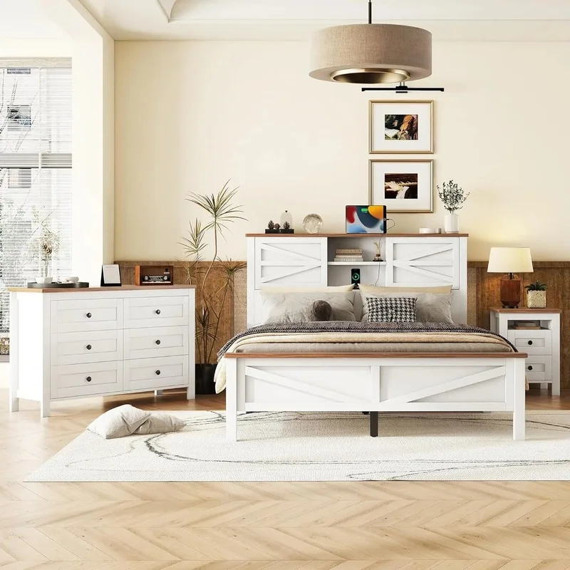 

Queen Bedroom Set with Storage Headboard, Queen Size Platform Bed