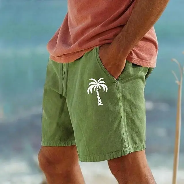 

Men's Cotton Beach Shorts Drawstring Adjustable Korean Style Five-Quarter Length Summer Shorts Military Green Color