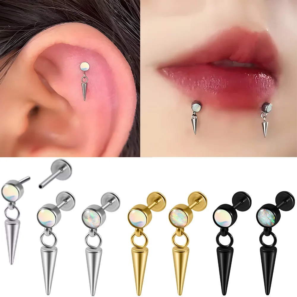 1/3PCS Stainless Steel Flash Film&Opal Cylinder Hang Cone Lip Studs Tragus Cartilage Threadless Ear Stud Piercing Jewelry 20G