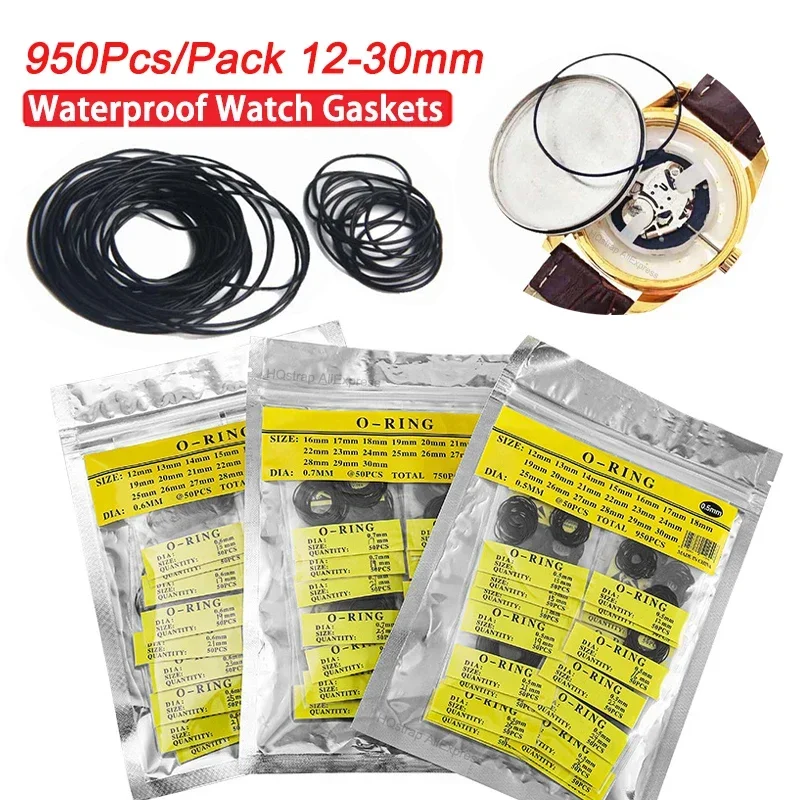 1 Pack/950pcs Waterproof Watch Gaskets O-Ring 0.5/0.6/0.7mm Thick Rubber Ring Repair Tool for Watchmakers Watches Accessories