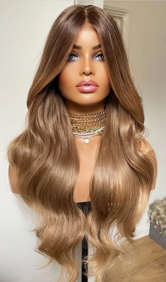 Peluca con malla frontal sintética ondulada para mujer, pelo largo rubio miel con reflejos, pelucas superiores de encaje, Cosplay de Futura, uso diario en liquidación