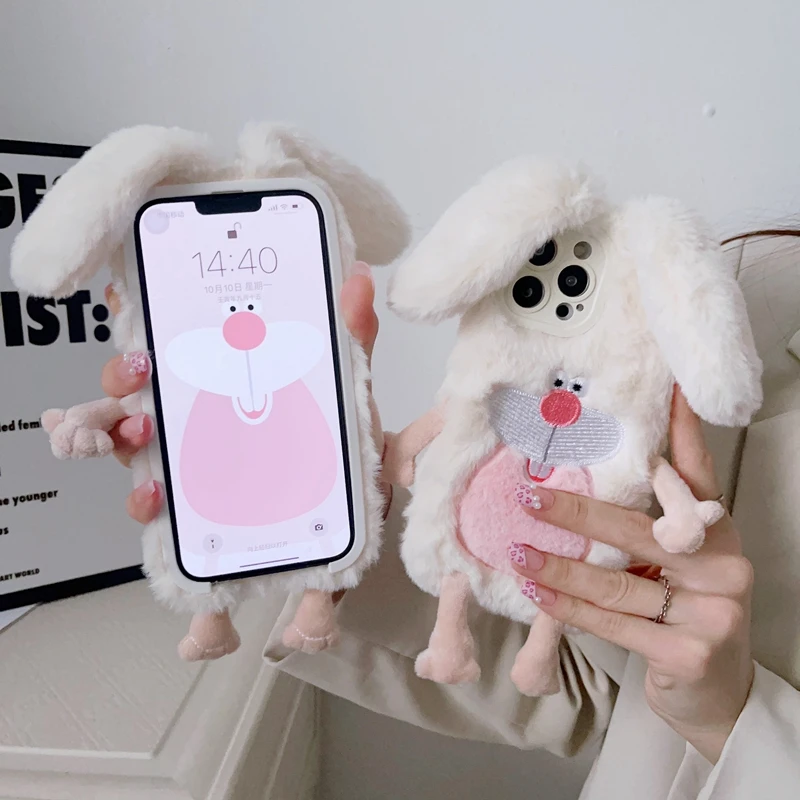 น่ารัก3D กระต่าย Fur Plush โทรศัพท์สำหรับ iPhone 14 13 12 Mini 11 Pro Max XS Max XR X SE 2020 6S 7 8 Plus Warm Plush