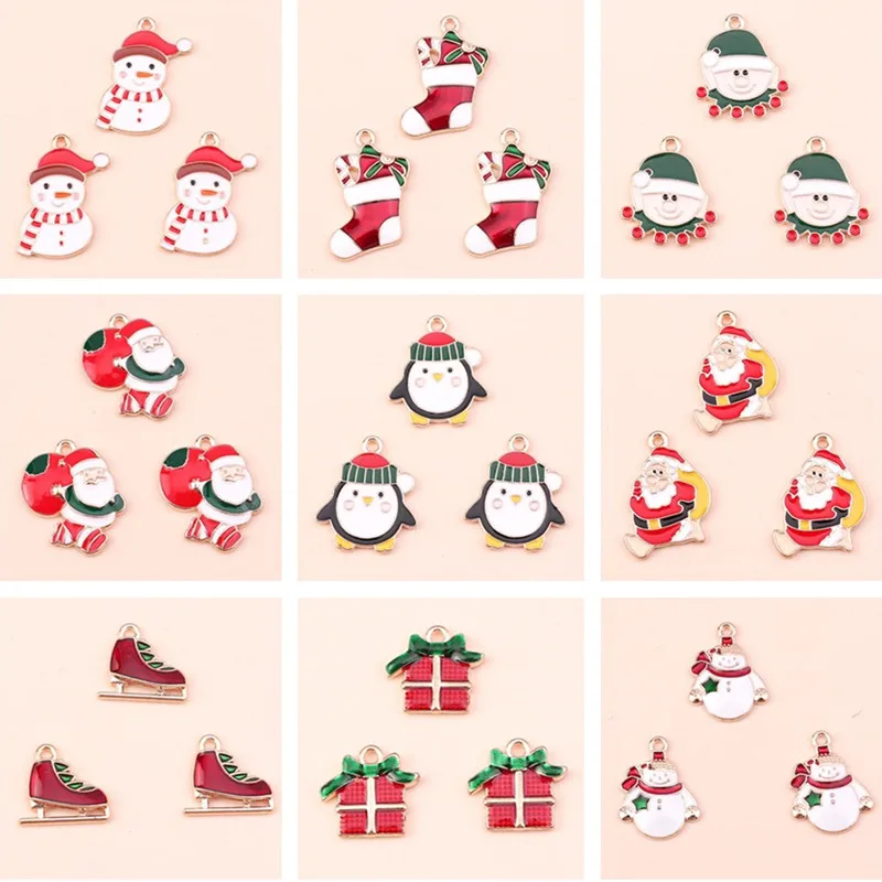 Mix Esmalte Natal Pingentes para Fazer Jóias, Papai Noel, boneco de neve, botas, brincos, colares, DIY Crafts Supply, 10Pcs, Lot