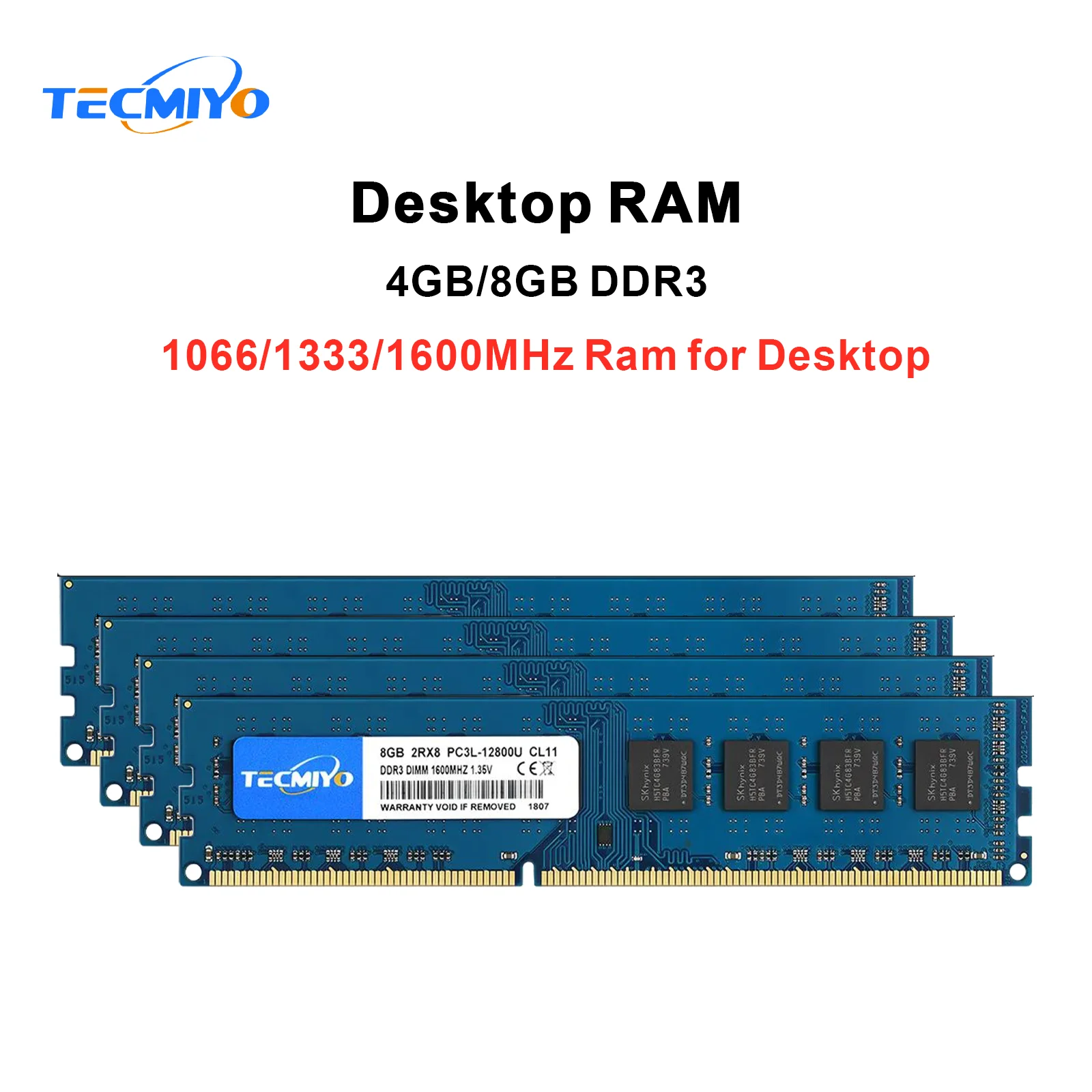 TECMIYO DDR3 DDR3L 4GB 8GB 1600MHz DIMM Desktopgeheugen RAM 1,35V/1,5V PC3/PC3L-12800U PC3-10600U PC3-8500U Niet-ECC -1PC Blauw