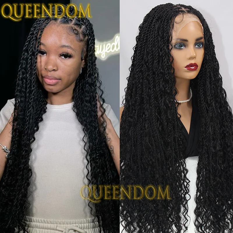 Full Lace Knotless Bohemian Synthetic Box Braid, Deep Wave Tranças Peruca com Pontas Encaracoladas, Twist Trançado Deusa Peruca, 32"