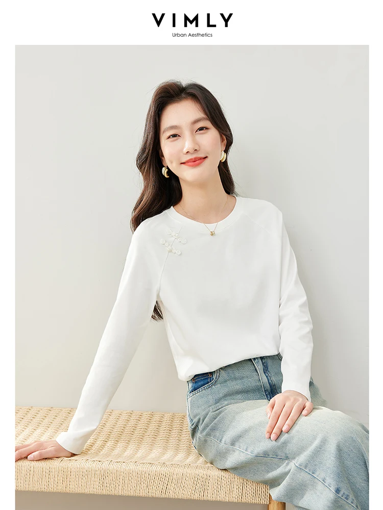 VIMLY Women Fashionable Solid Long Sleeve Tops Shirts  2024 Spring/Autumn Simple Basic Cotton Loose Bottom Shirt Tops Tee M3315