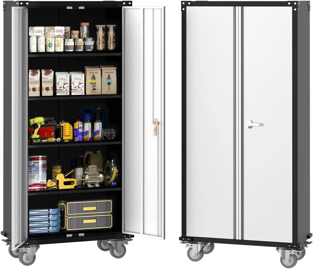 

Металлический шкаф для хранения 72 дюйма с замком, колесами и выдвижными ящиками, регулируемыми полками, передвижной гаражный шкаф, сверхпрочный стальной универсальный шкаф