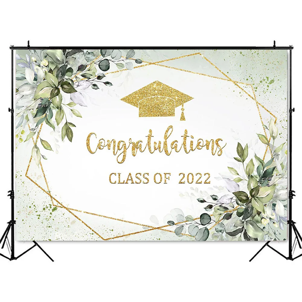 Congratulation Backdrop Class of 2022 Gold Glitter Birthday Photo Background Green Leaves Greenery Birthday Party Decorations