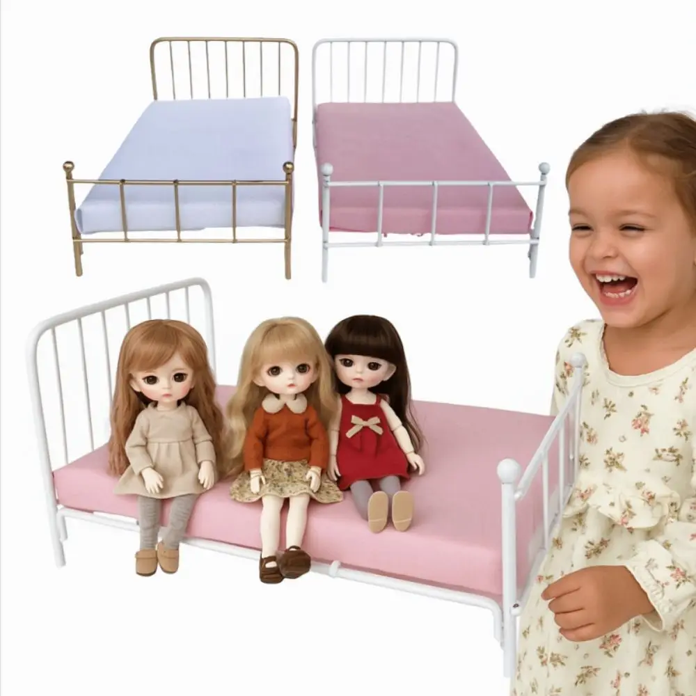 Miniature 1:12 Scale Dollhouse Bed Bedroom Scene Iron Frame Doll Bed Furniture Single Bed Play House Mini Bed Model Girls Gift