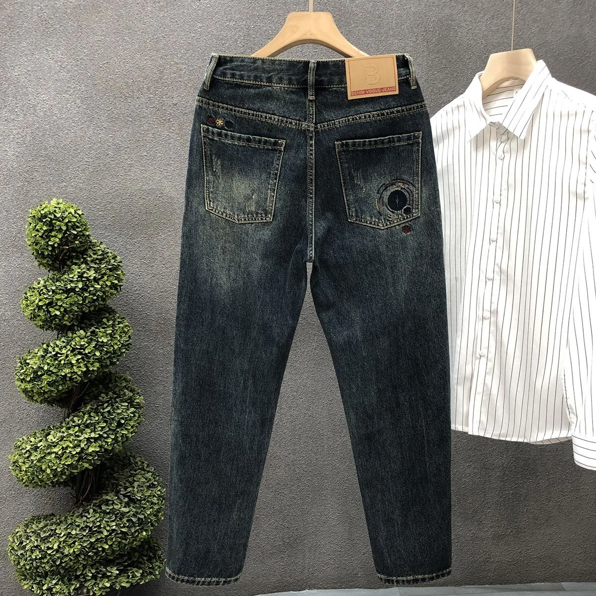 Spring and Autumn Fashion Trend Printed Straight-Leg Stretch Denim Jeans Men's Casual Comfortable Sports High-Quality Trousers