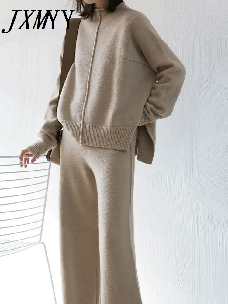 JXMYY-Knit Suit for Women, Split Sweater, Wide Leg Pants, Elegant Temperament, New Fashion, 2-Piece Set, Autumn and Winter, 2024