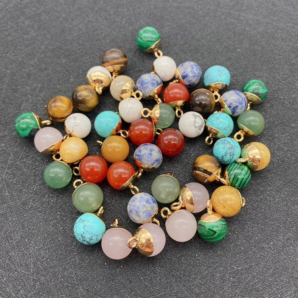 1pc Spherical Natural Stone Red Agate Green Aventurine Pendant Half-plated Gold-edged Single-hole DIY Necklace Earring Accessory