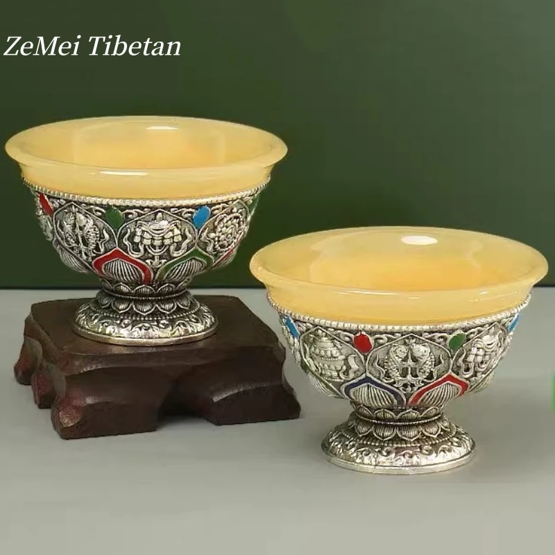 

Чаша для святой воды в тибетском стиле, инкрустированная серебром драгоценными камнями, камень из сплава, восемь благоприятных алтарь, чаша 9 см, буддийский религиозный предмет