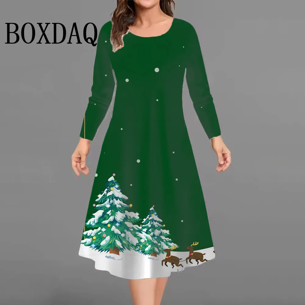 

Christmas Print Woman Dress O Neck Ladies Long Sleeves Autumn Winter New Products Loose Casual Christmas Tree Plus Size Dresses