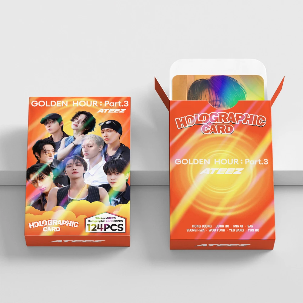 124 pieces of ATEEZ laser card peripherals, support photo cards, stickers, double-sided holographic cards, LOMO cards