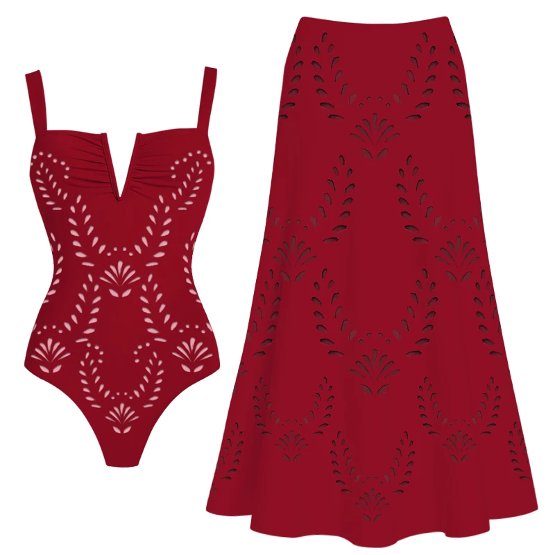 Sexy Backless Embroidered Hollow Out One-Piece Swimsuit High-Waist Bikini Sexy Strand Empty Beach Bathing Suit for Women