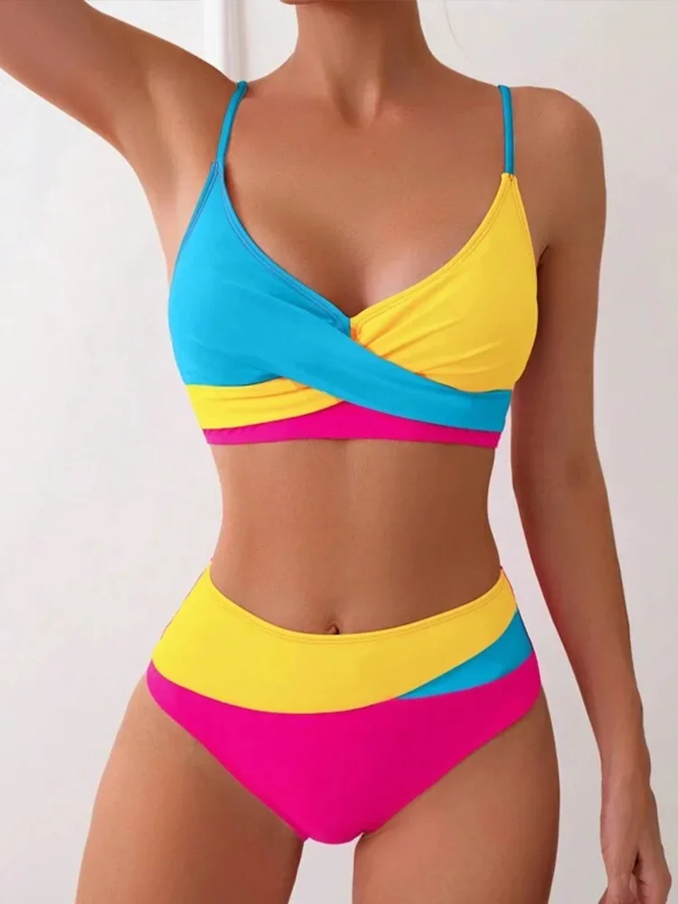 

AOTVOTEE Sexy Contrast Color Backless Bikini 2 Pieces Set Women Split Swimsuit Beach Bikini 2025 New Summer Swimwear Bikinis Set