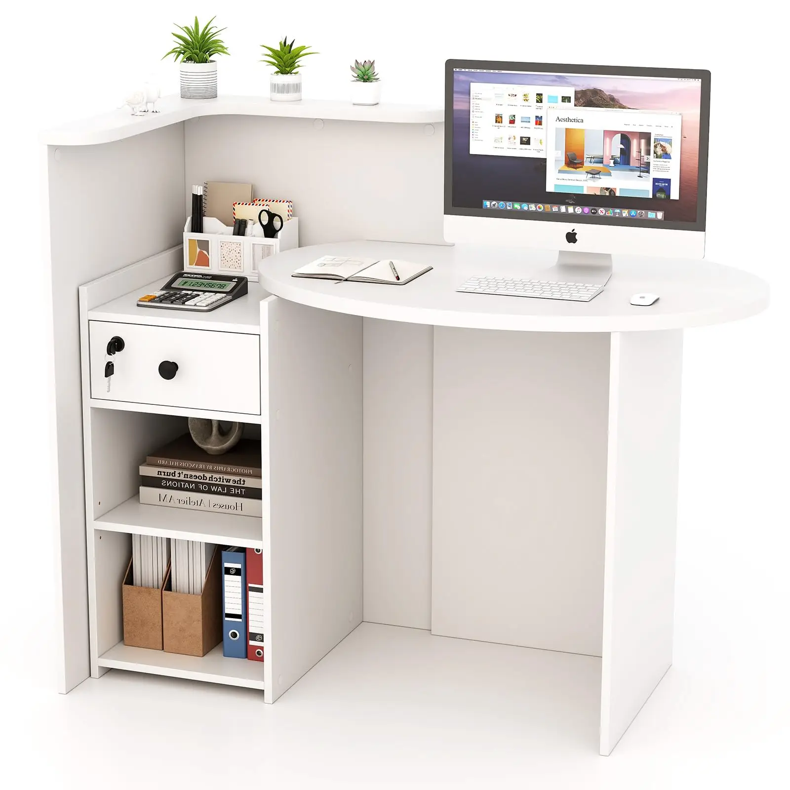 Reception Desk, Small Retail Checkout Counter with Lockable Drawer | Transaction Shelf, Oval Desktop & L-Shaped