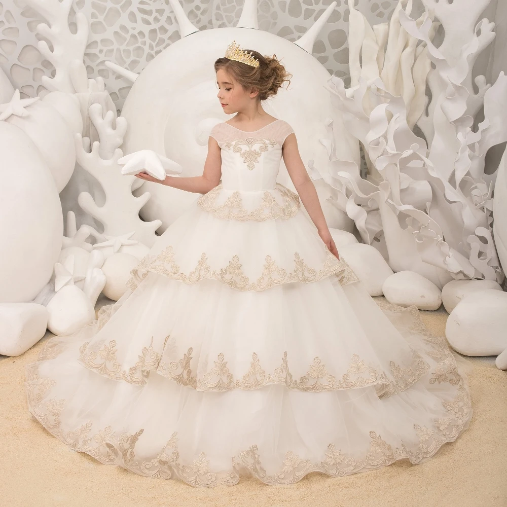 Lorencia-vestido de princesa blanco para niña, vestido de flores para bodas, capas de Apliques de encaje dorado, vestido de primera comunión, vestido de desfile para niños, YFD043