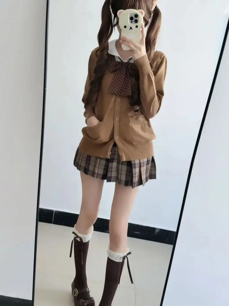 

Long Sleeve Knitted Cardigan Sweater Autumn Winter Versatile Set with Pleated Skirt Sugar Caramelized Chestnut Color Fashion