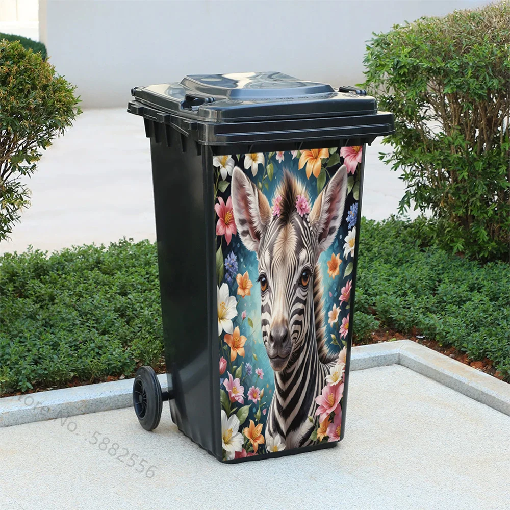 Flower Zebra Trash Can Sticker Animal Wallpaper peel&stick Waterproof PVC Outdoor Indoor Wheeled Rubbish Bin Decal Wall Sticker