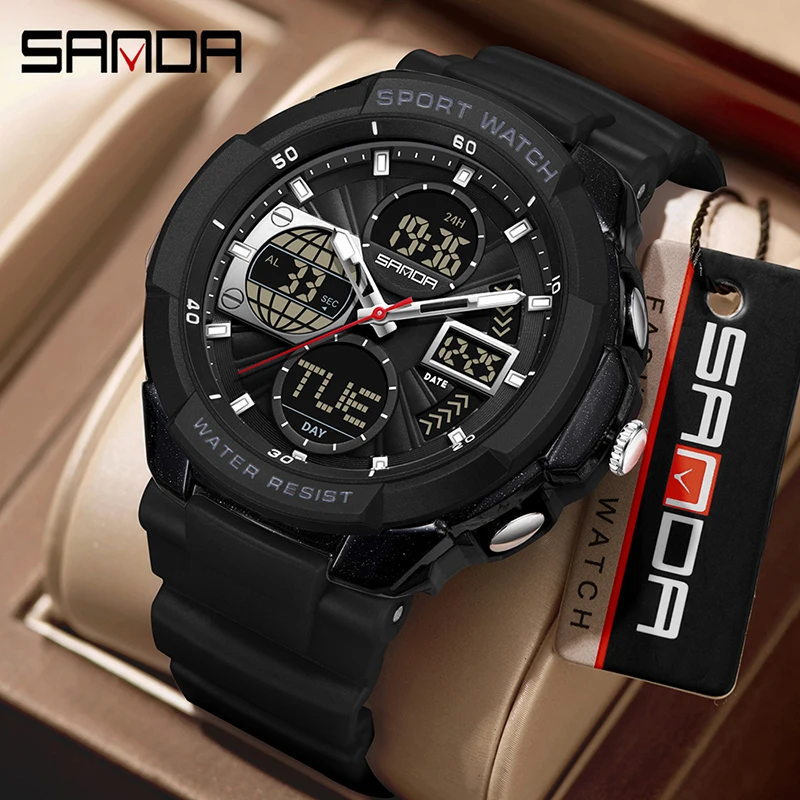 SANDA 6298 Dual Display Men Digital Watch Waterproof Multifunction Alarm Timing Sports Electronic Wristwatch