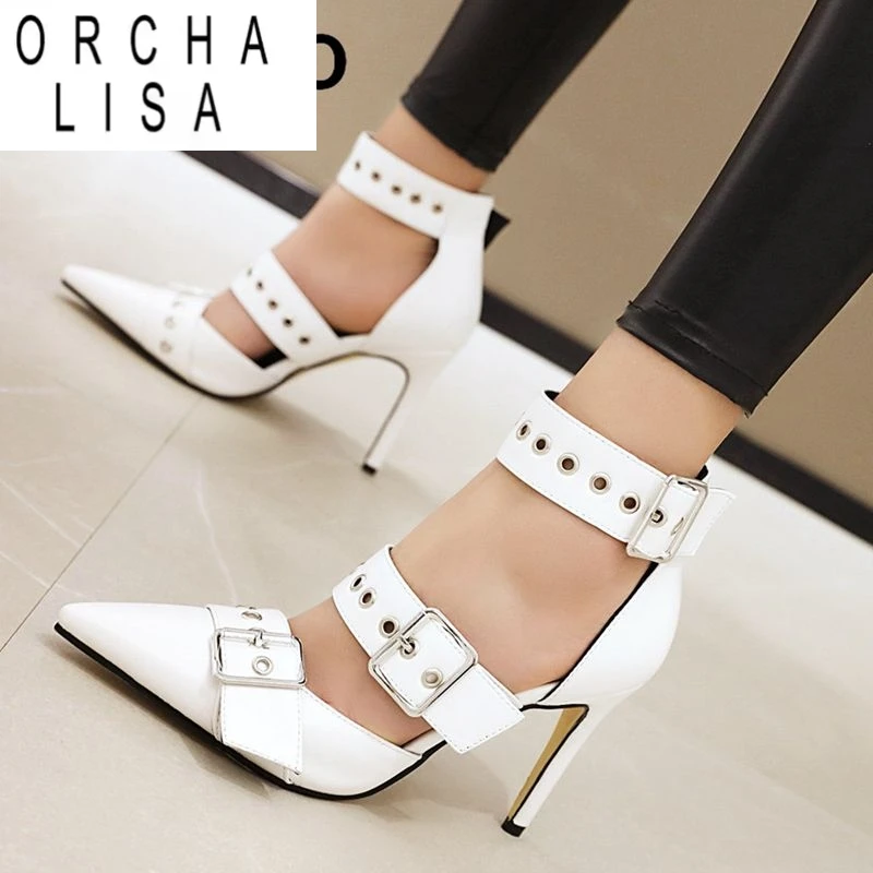 

ORCHA LISA 2025 Женские сандалии в стиле панк с острым носком на шпильке 9,5 см с пряжкой и ремешком с металлическим украшением Большие размеры 45, 46, 47 48 Модная обувь
