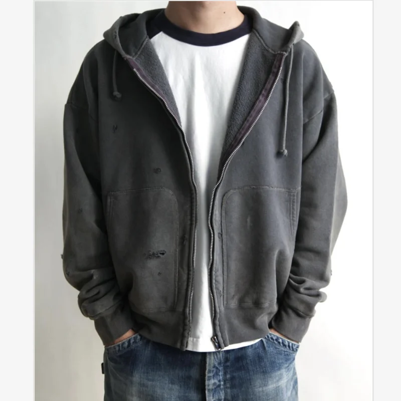 

Тяжелая черная потертая дизайнерская толстовка на молнии Saint, однотонная повседневная толстовка с капюшоном, куртка для мужчин и женщин, лучшее качество