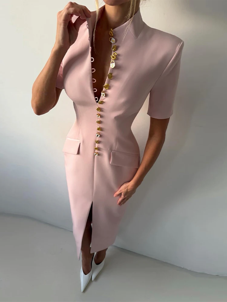 Tief Ausgeschnittenes Kurzarm-Kleid mit Taillenschnürung Langes Damenkleid Sexy Einreihiges Einfarbiges Schlankes Party-Abendkleid Schickes Damenkleid Vestido – Detail 22