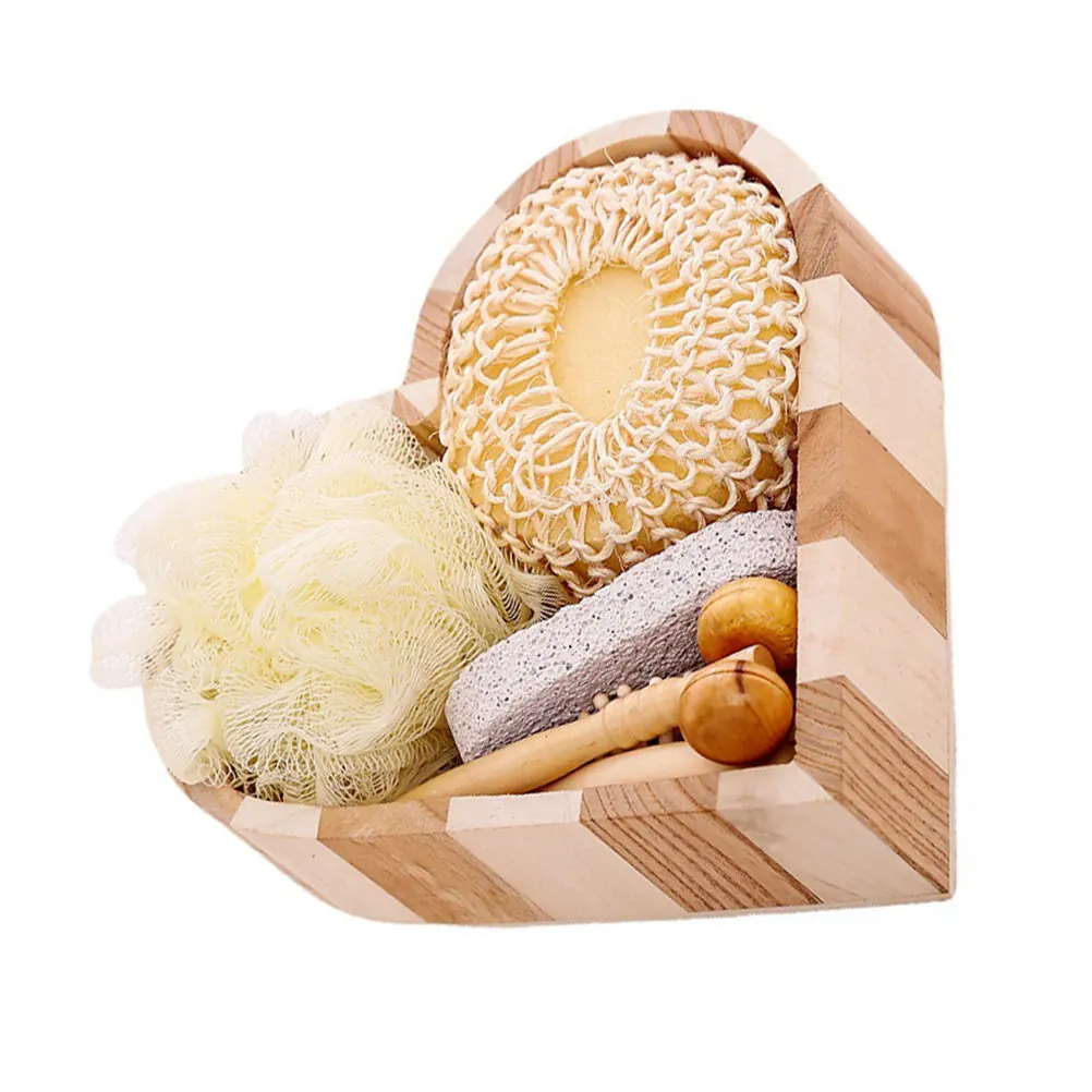 

1 Set Heart-Shaped Wooden Bucket Bath Scrubbing Set Exfoliating Skin Cleanser Home Travel Hotel Use Rubbing Bath Ball Bathroom