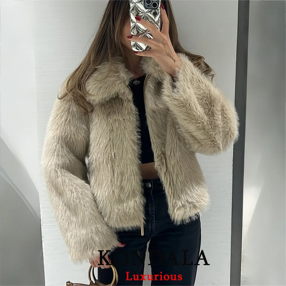 KONDALA Casual Faux Fur Zipper Jackets Long Sleeve Loose Vintage Turn Down Collar Coats Fashion 2025 Autumn Winter Thick Outwear