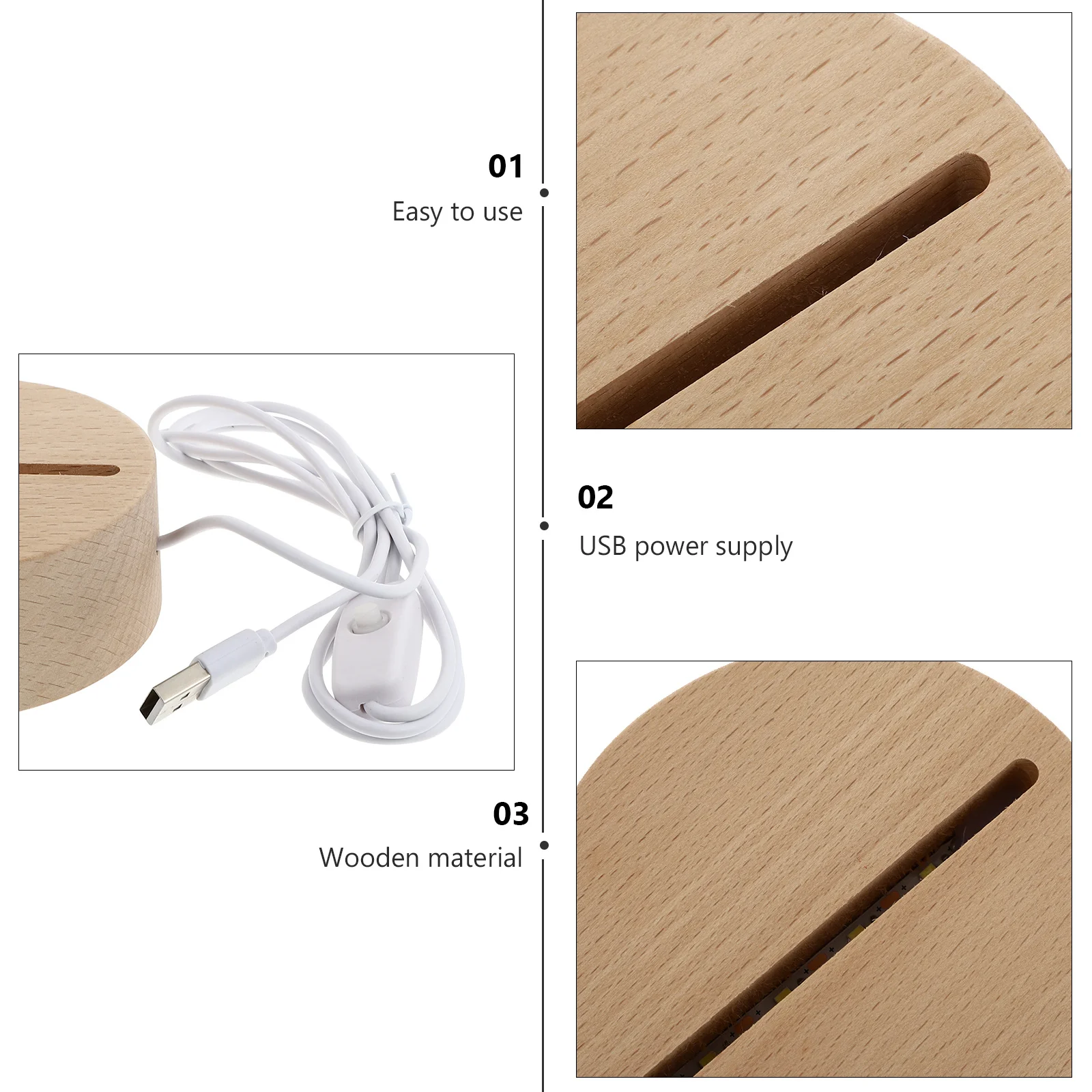 

1Pcs USB Light Base Wooden Night Lamp Holder Small Round Decorative Night Light Base for Bedroom Office Desk Wooden Lamp Holder