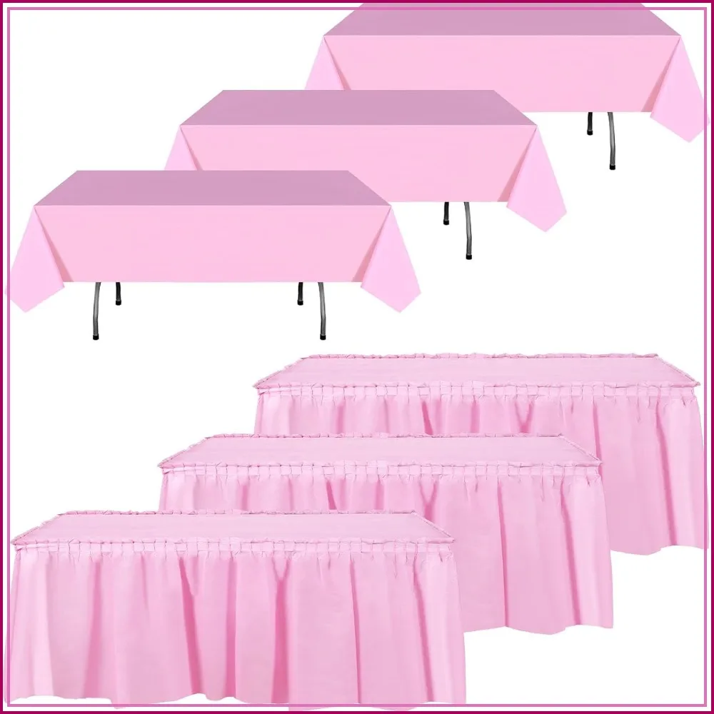 6 Pack Disposable Plastic Tablecloths & Ruffle Skirts, Pink, 54x108 in & 168x29 in, Stain Resistant for Weddings, Baby Showers, Parties