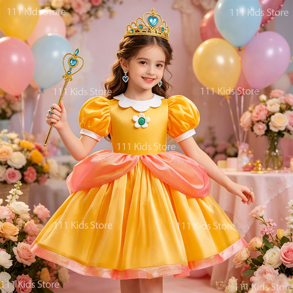 Puffy Princess Dress for Girls Evening Dress Superbro Same Princess Daisy Cosplay Costume Children Perform Party Dress Birthday