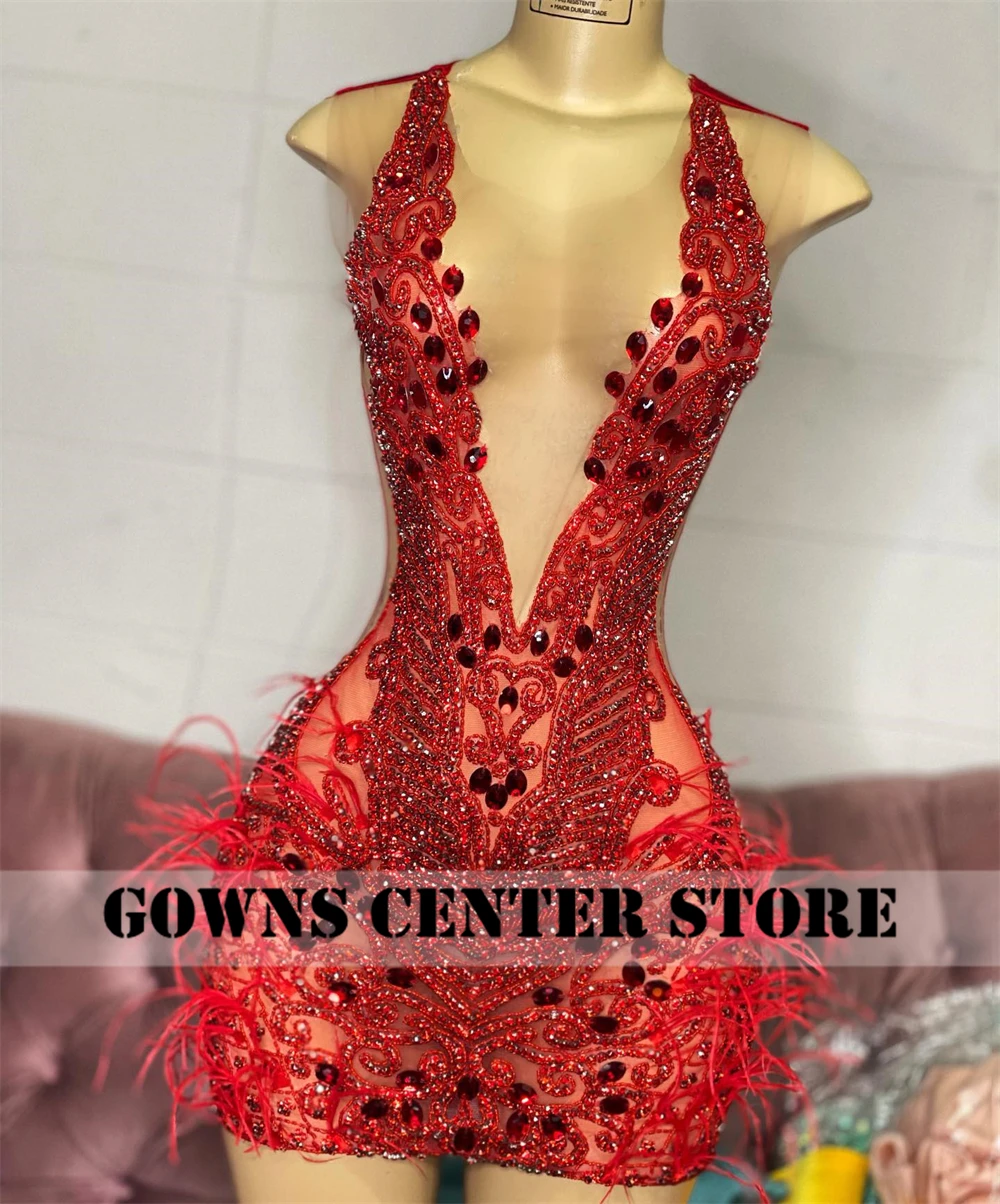 Pretty Luxury Sparkly Red Feathers Prom Dress African Crystal Beading Birthday Party Formal Gowns Black Girls Short Customized