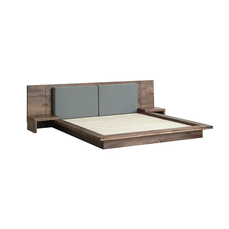 

Nordic solid wood tatami bed modern simple floor low double bed soft bag backrest log
