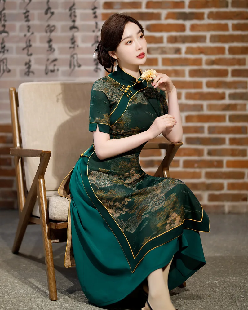 

Yourqipao Chinese Traditional Cheongsam Long Elegant Short-sleeved Qipao Dress Improved Odai Evening Skirt