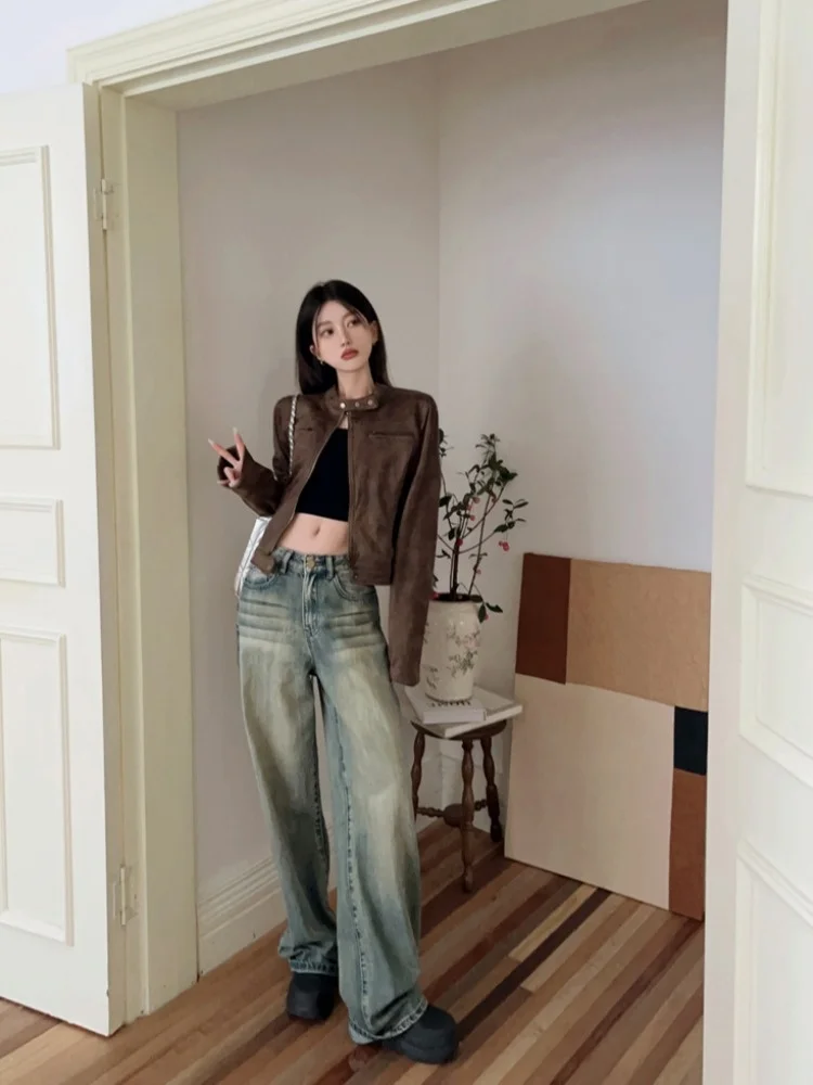 Automne 2025 nouveau Sle Hot Girl Slim Fit américain rétro marron peau de cerf velours cuir Jaet femmes ort moto Jaet