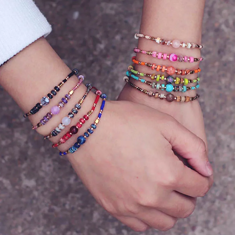 بوهيميا كريستال الأرز الخرز سوار المرأة قابل للتعديل متعدد الألوان اليدوية مضفر الشمع حبل سوار الشاطئ الصداقة هدية مجوهرات