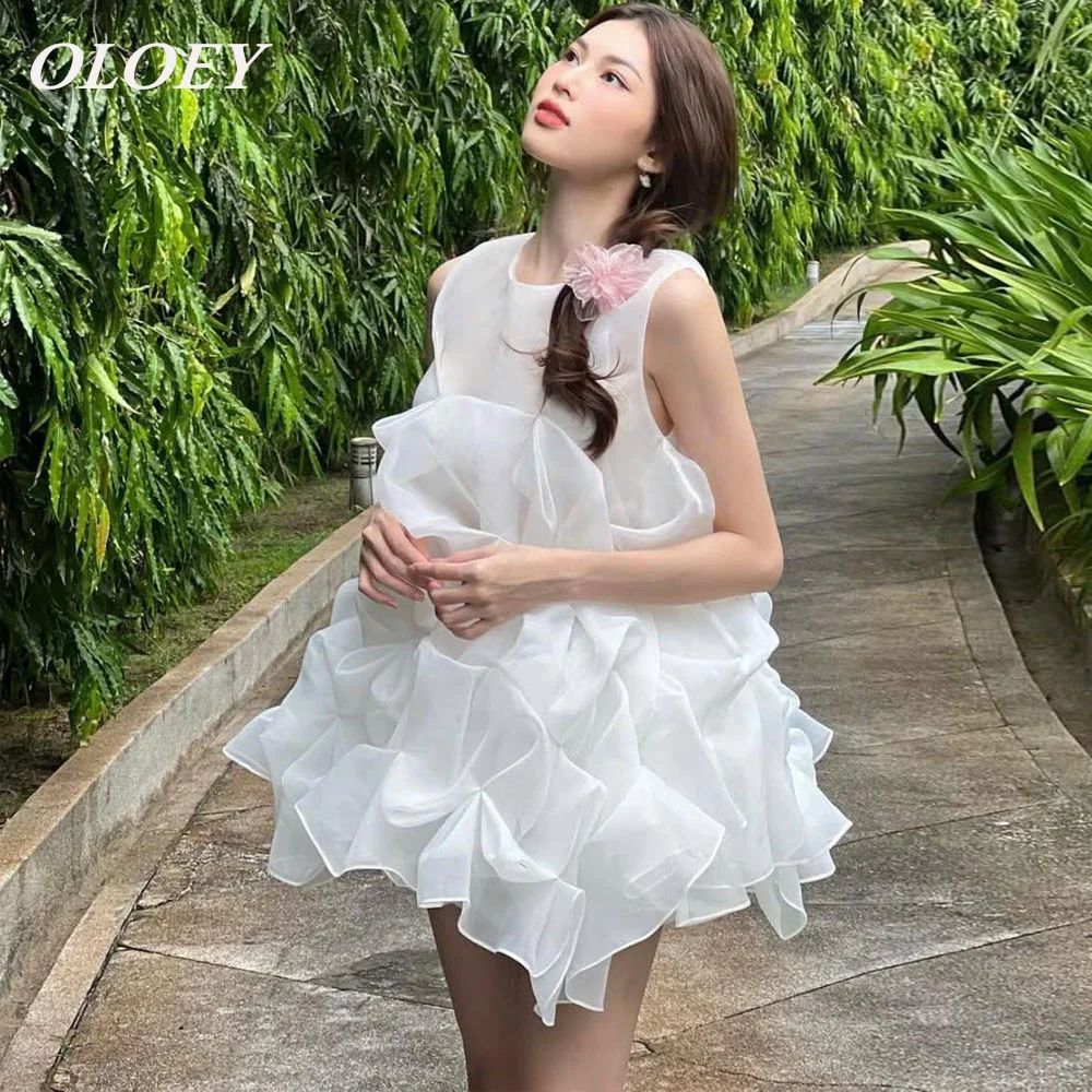 

OLOEY Modern Ivory Organza Puffy Short Prom Cocktail Dress O-neck Pleat Mini Wedding Birthday Party Gown Customized
