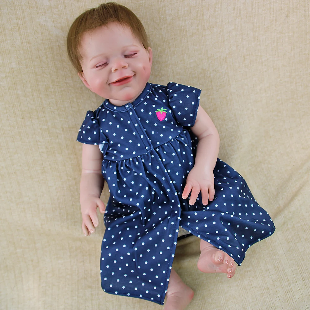 18 Inch Smiling Face Reborn Baby Doll, Soft Vinyl Material, Blue Polka Dot Dress, Exquisite Facial Features & Collectors