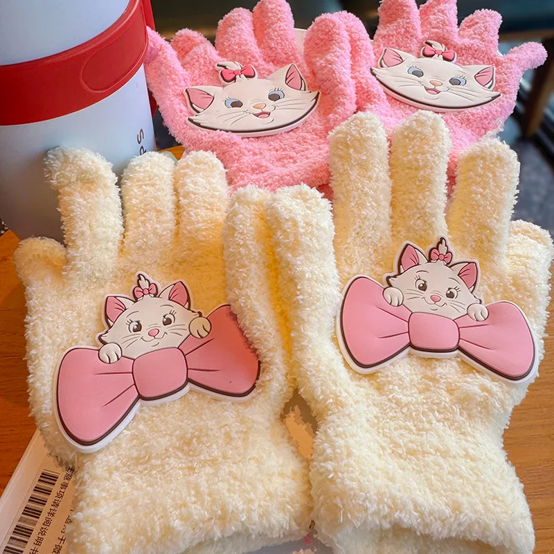 Kawaii Disney Marie Cat Women's Coral Velvet Gloves Cute Cartoon Adult/children Winter Thickened Cycling Gloves Couple Style