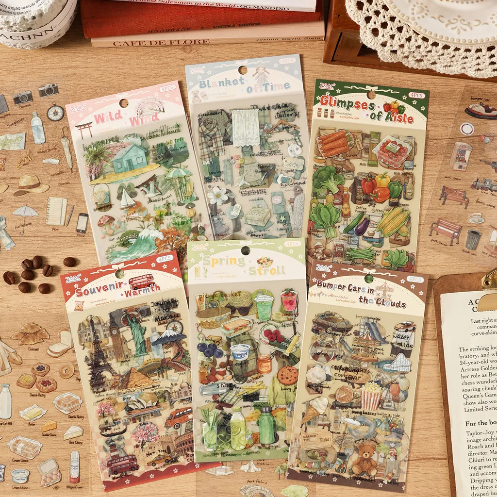 4 Blatt PET Scrapbook-Aufkleber PET Deko-Sticker für Kunst, Basteln, Journaling, Scrapbooking, Tagebuch, Album, Planer