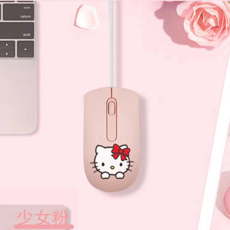 Sanrio Hello Kitty Mouse Pink Kawaii Hello Kitty Wired Mouse Girls Laptop Computer Usb Wired-Mouse Cartoon Anime Office Supplies