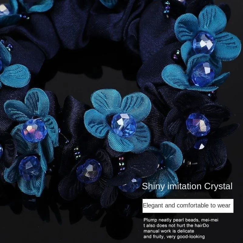 Elegant Large Flower Scrunchie Pearl Crystal Hair Ring Rubber Band Bun Fabric Elastique Scrunchie Korean Accessories 곱창밴드