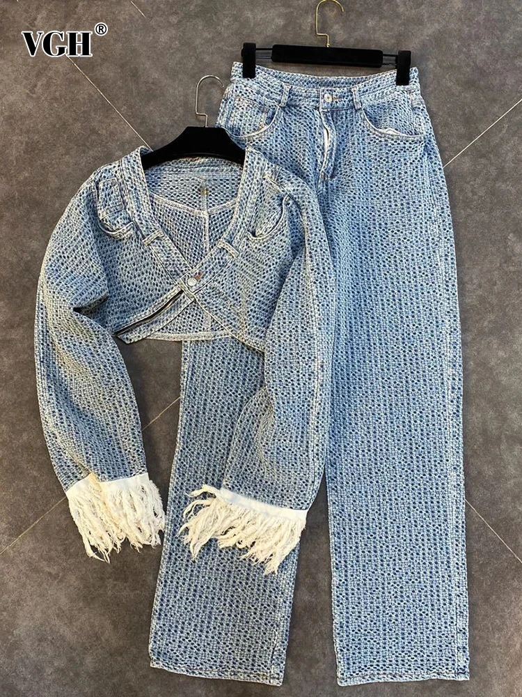 

VGH Denim Two Piece Set For Women V Neck Long Sleeve Spliced Tassel Top High Waist Wide Leg Jeans Raw Hem Casual Sets Female New