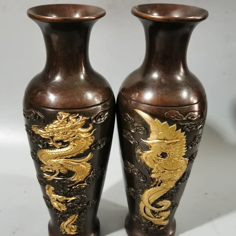 Antique Bronze Collection,Seiko Decoration Prosperity Brought by the Dragon and the Phoenix Vase Pair,Exquisite Craftsmanship  ,