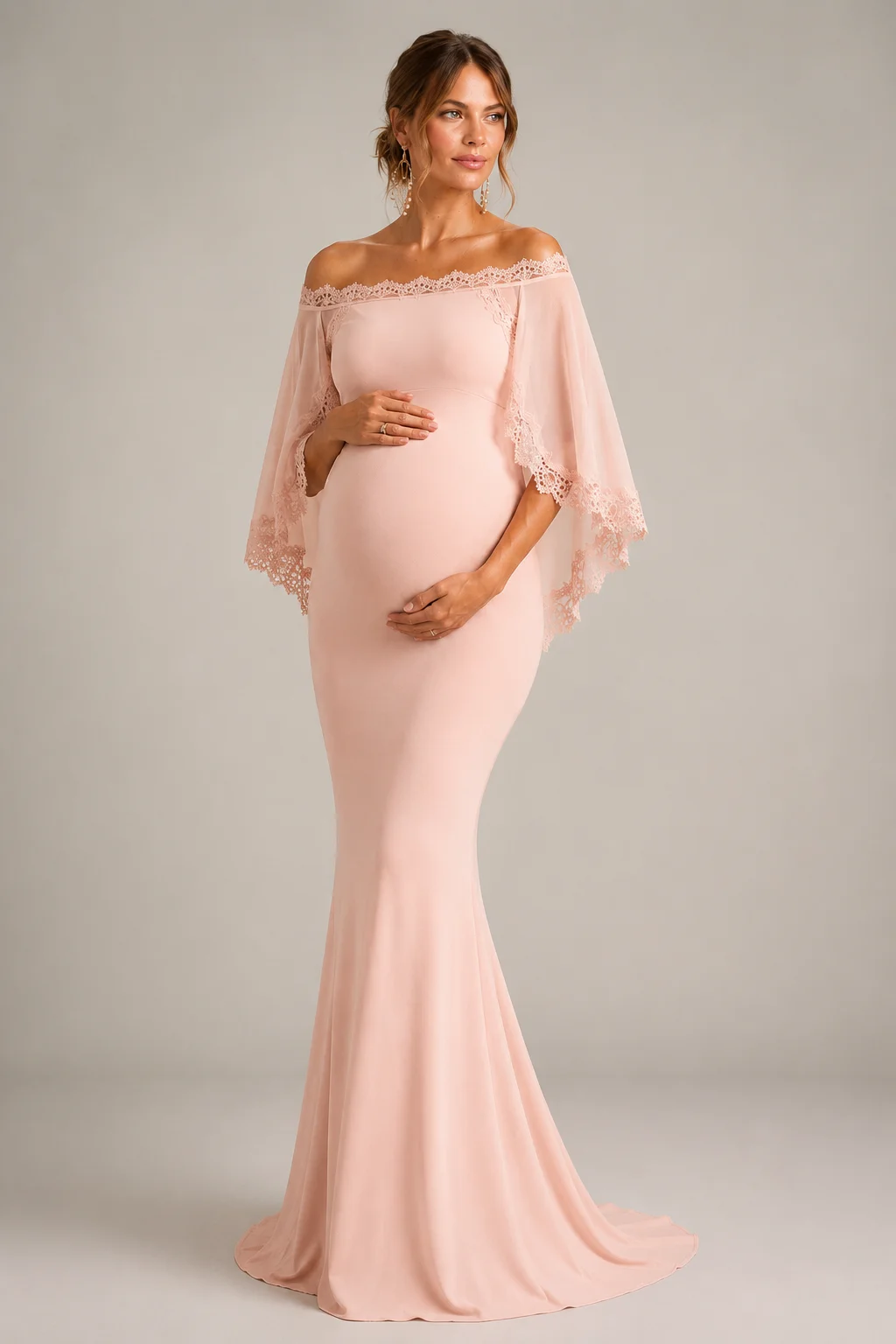 Lace Edge Cape Sleeve Maternity Dress for Photoshoot & Baby Shower L-26811